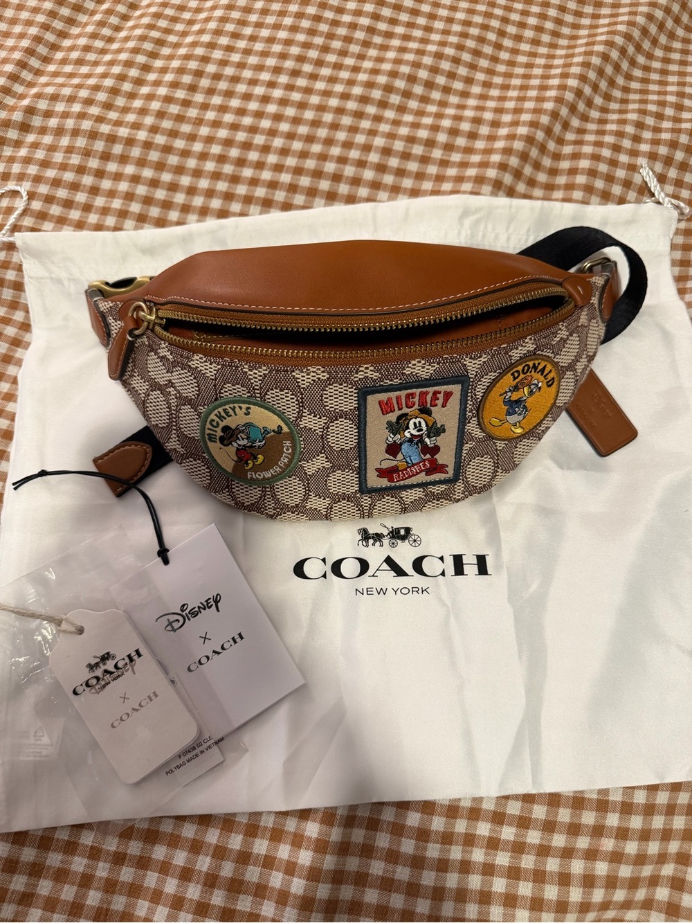 Coach Brown Signature Canvas Mickey & Donald Patch Hobo Belt Bag